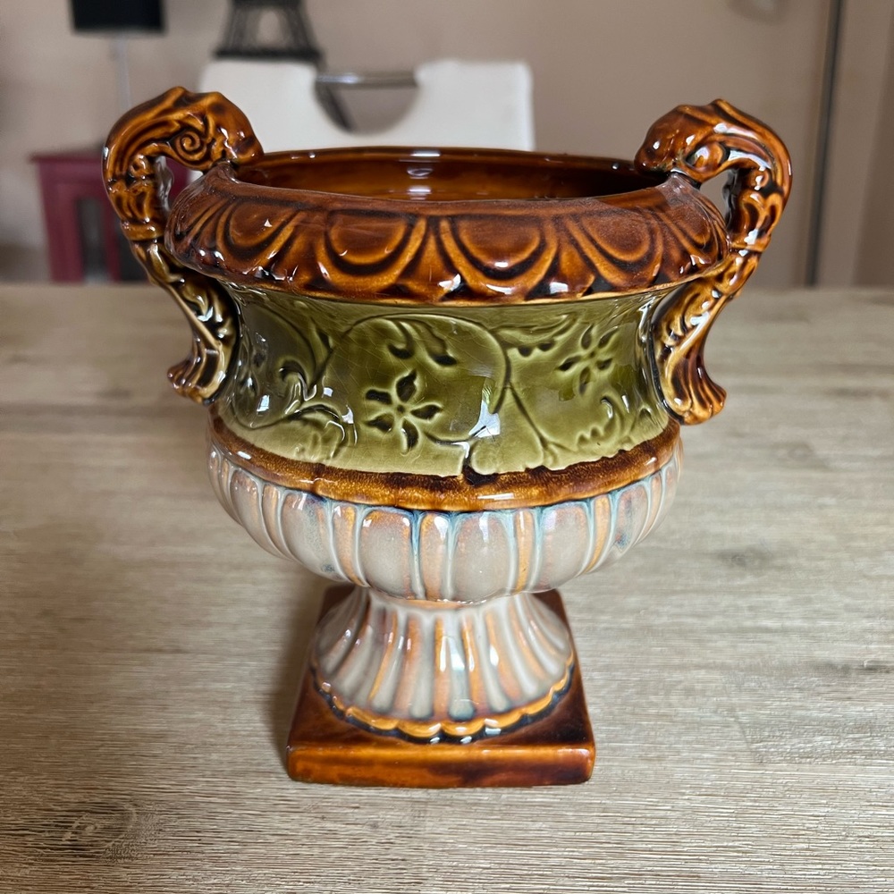 Vintage HOSLEY POTTERIES  Brown & Green Glazed Vase 2 Handle Stoneware P…